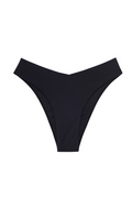 Black high-cut bikini bottoms with V-shaped waistband, flat-lay on white background.