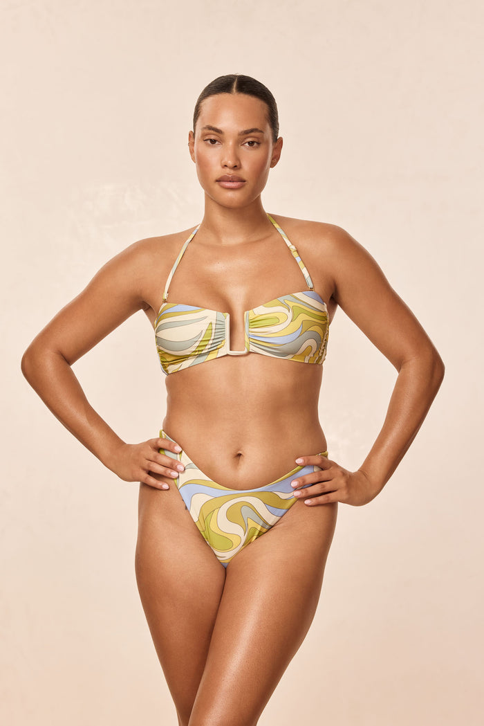 Front view of St. Martinique Bandeau bikini in Costa Rei Apple, bandeau top with U-bar and matching high-cut bottoms