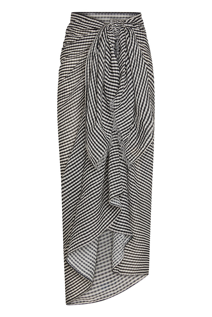 Black-and-white gingham wrap maxi skirt with front knot and asymmetrical ruffled drape