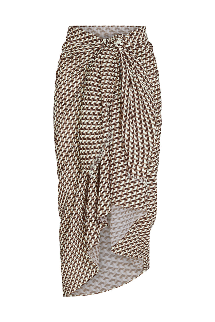 Front view of St. Tropez sarong showcasing brown Husk Geo geometric print, tied hip knot and high side slit on white background