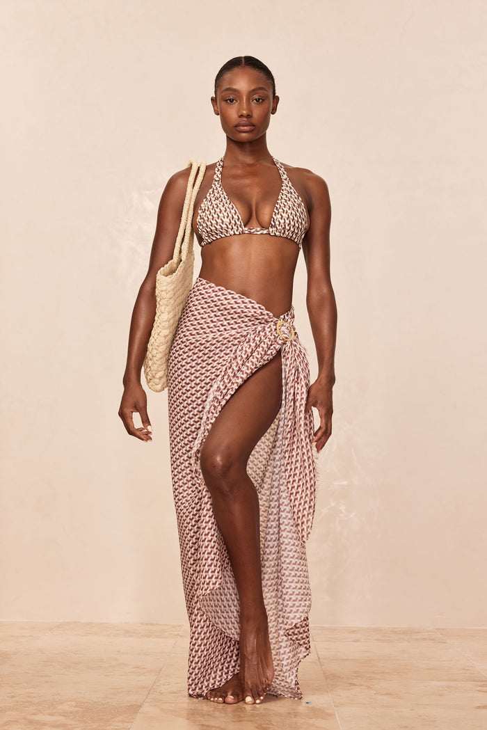 Front view of St. Tropez Sarong in Husk Geo crinkle linen with side ring tie, high slit and brown geometric print