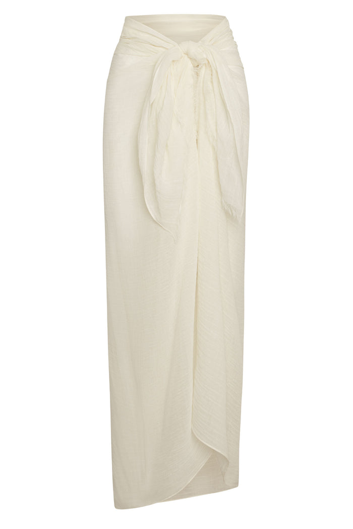 Ivory lightweight gauzy wrap skirt (sarong) with front knot and draped asymmetric hem.
