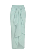 Front view of St. Tropez Sarong in light slate crinkle linen showcasing tied waist knot and draped ruffle on white background