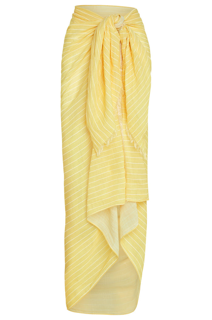 Front view of St. Tropez Sarong, Meyer Stripe crinkle linen, showing tied knot waist, striped, semi-sheer, on white