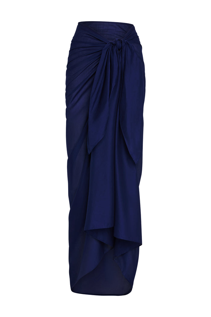 Front view of St. Tropez Sarong in Midnight cotton voile showing tied knot waist and cascading drape on white background
