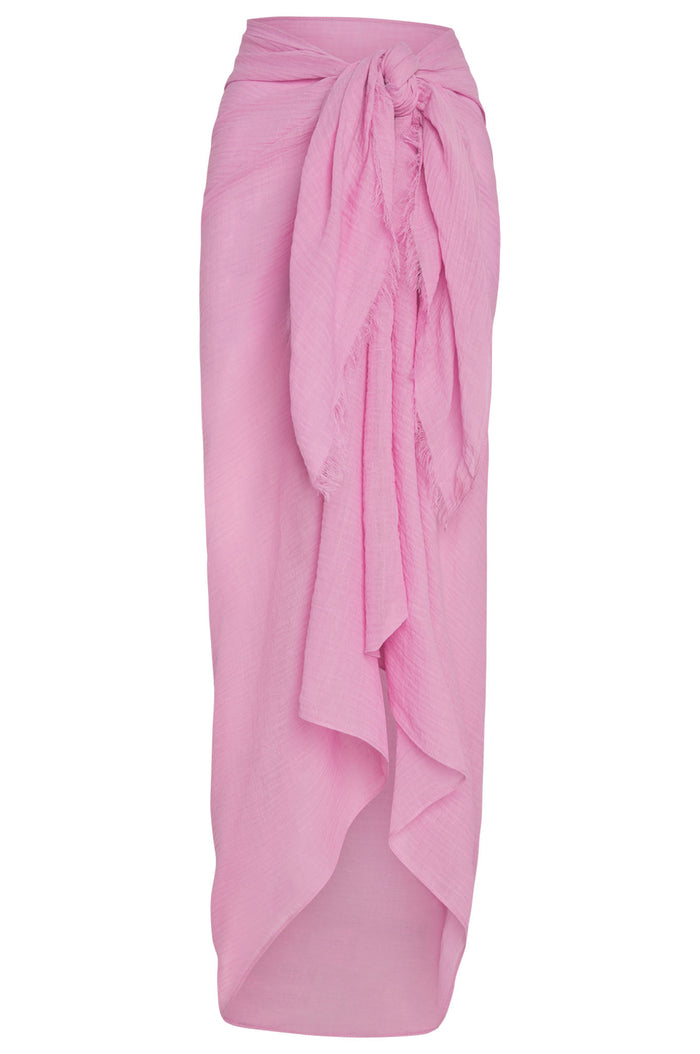 Front view of St. Tropez sarong in Moonlight crinkle linen with tied knot, raw frayed edge and semi-sheer texture on white