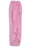Front view of St. Tropez sarong in Moonlight crinkle linen with tied knot, raw frayed edge and semi-sheer texture on white