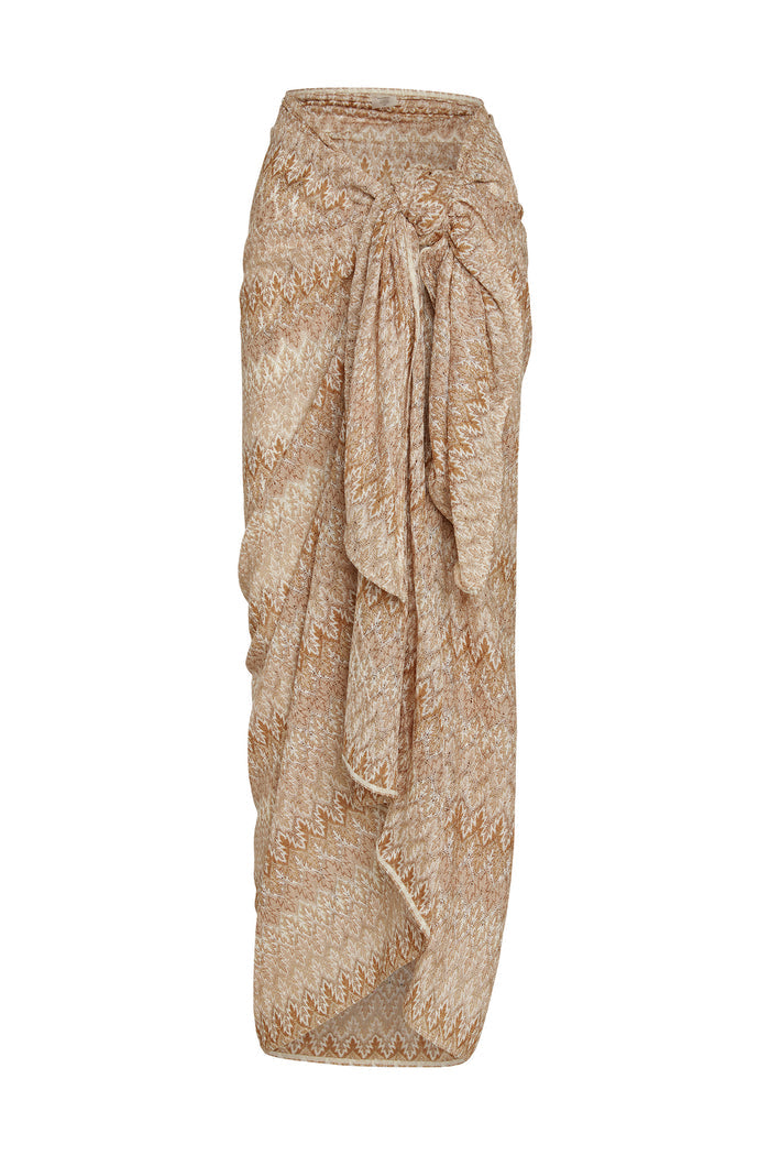 Front view of St. Tropez sarong Porto Cervo Gold showing front tie knot and cascading ruffle in semi-sheer knit on white