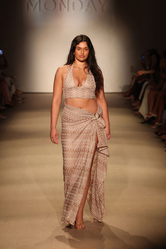 Front view of St. Tropez Sarong - Porto Cervo Gold showcasing adjustable wrap with ring and high side slit on runway