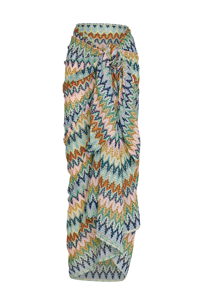 Front view of St Tropez Sarong in Porto Cervo multi print showcasing knotted waist and multicolor zigzag pattern on white background