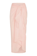Front view of St. Tropez Sarong showcasing tie-front knot, draped wrap and raw edge in powder pink on white background