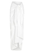 Front view of St. Tropez Sarong in optic white cotton voile showcasing a front tie knot, semi-sheer fabric and raw edge on white background