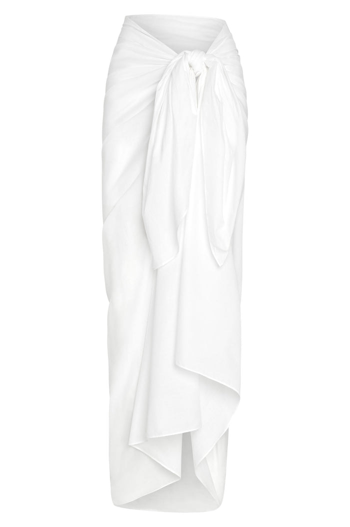 Front view of St. Tropez Sarong in optic white cotton voile showcasing a front tie knot, semi-sheer fabric and raw edge on white background