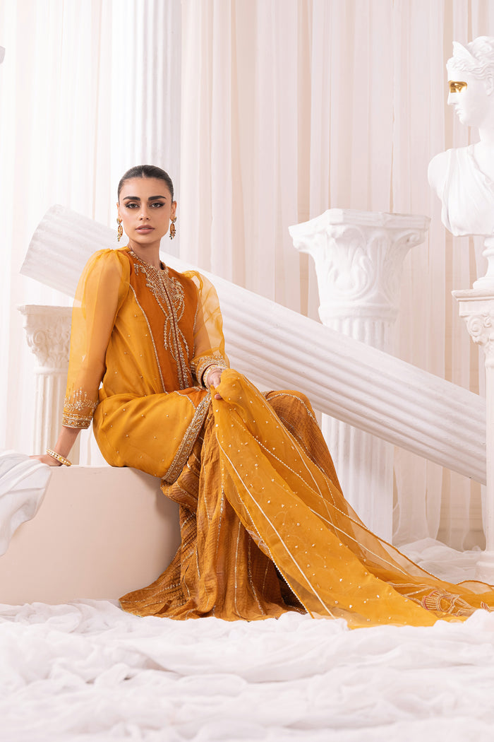 Organza dupatta of Naqshi Sumbul draped to display mid‑appliqué floral motifs, sequin jaal and delicate lace‑goti finishing.