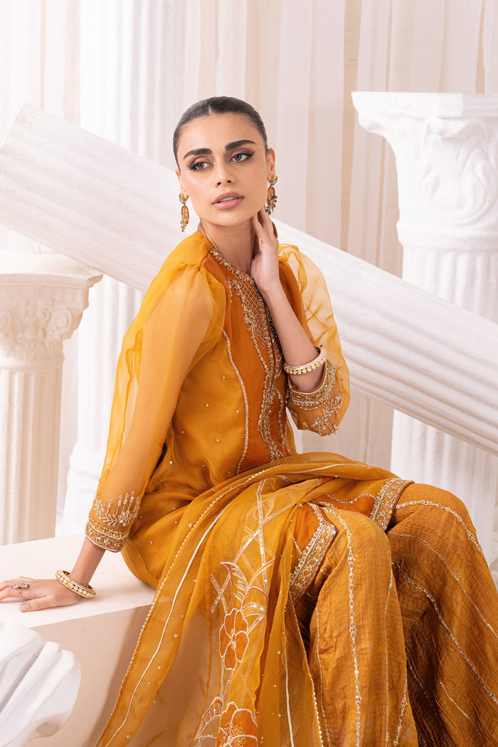 Close shot of Naqshi Sumbul dupatta edge highlighting sequin‑woven border, floral motifs and lace‑goti trimming.