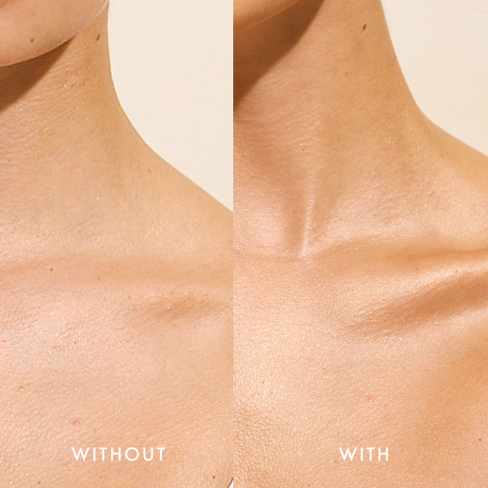 Split close-up of neck and collarbone showing skin WITHOUT (left) and WITH (right) Sun Veil illuminating sunscreen glow