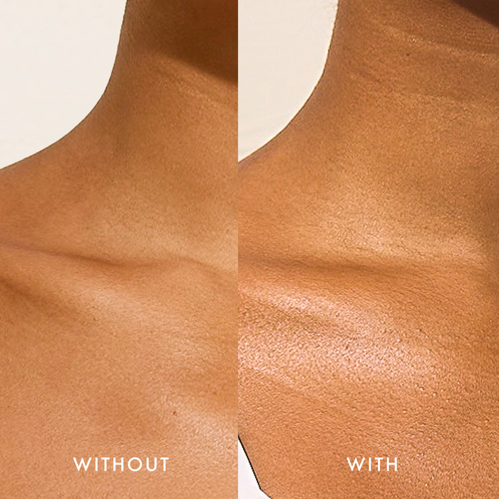 Close-up of chest and neck showing Sun Veil Illuminating Sunscreen SPF 30 effects; split left labeled WITHOUT and right labeled WITH, right side appears more luminous