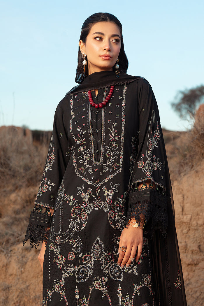 Full length view of Surmaya black 3 piece suit showing balanced long shirt cut with straight trousers