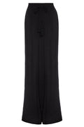 Front view of Tahiti Pant in black showcasing elastic drawstring waist with tassels, wide flared leg and small center slit on a white background