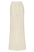 Front view of Tahiti Pant in ivory showing wide leg and drawstring waist with tassel ties on white background