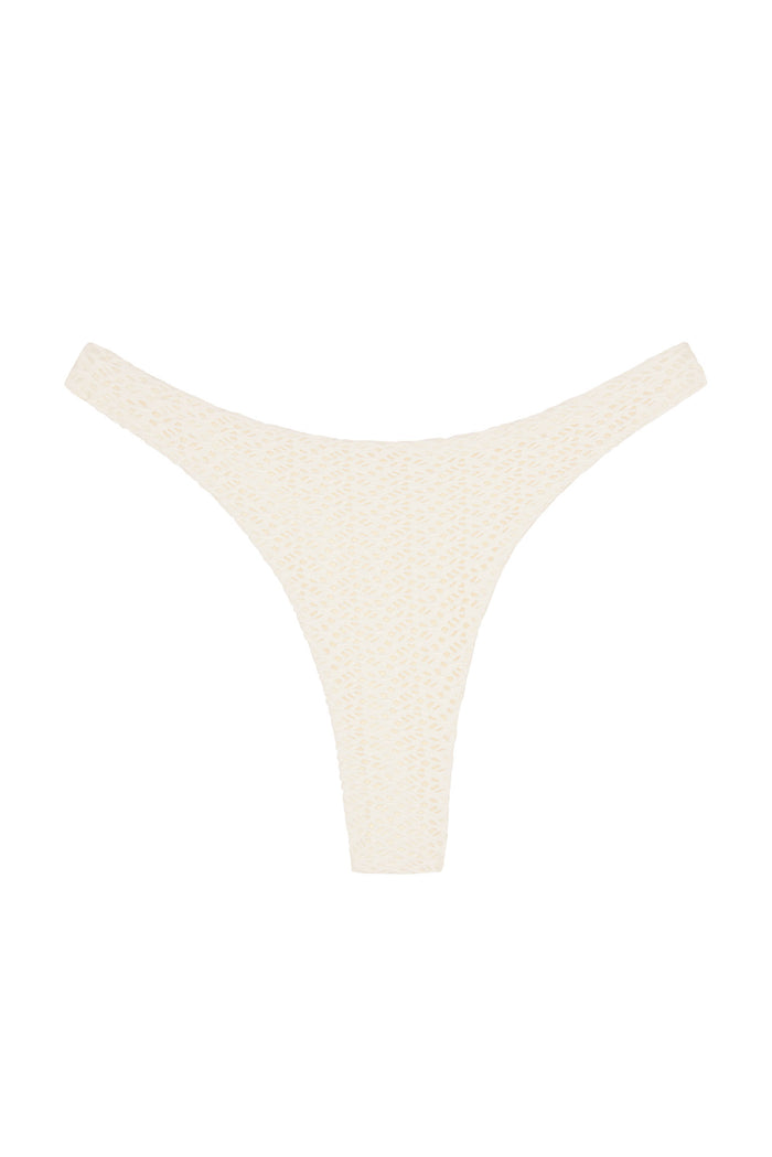 Front view of Tamarama Bottom in ivory crochet showcasing high-leg cut, cheeky coverage, and thin sides on white background