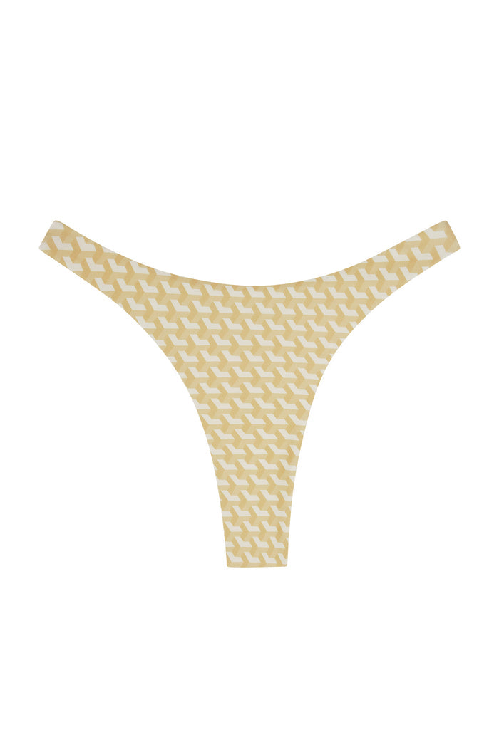 Flat lay of Tamarama Bottom bikini bottom showcasing ivory geo geometric print and cheeky high-leg cut on white background