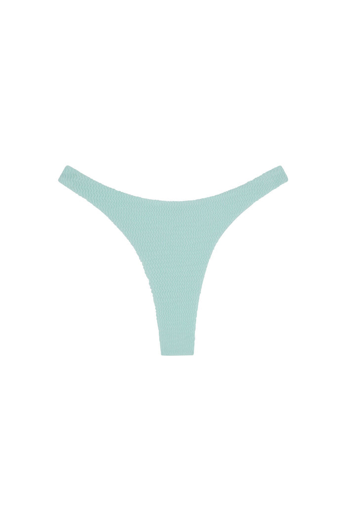 Front view of Tamarama bottom in light slate crinkle, high-cut thong silhouette with textured fabric on white background