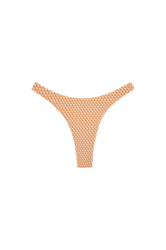 Flat lay of Tamarama Bottom - Micro Geo showcasing high leg cut, thin sides and cheeky coverage on white background