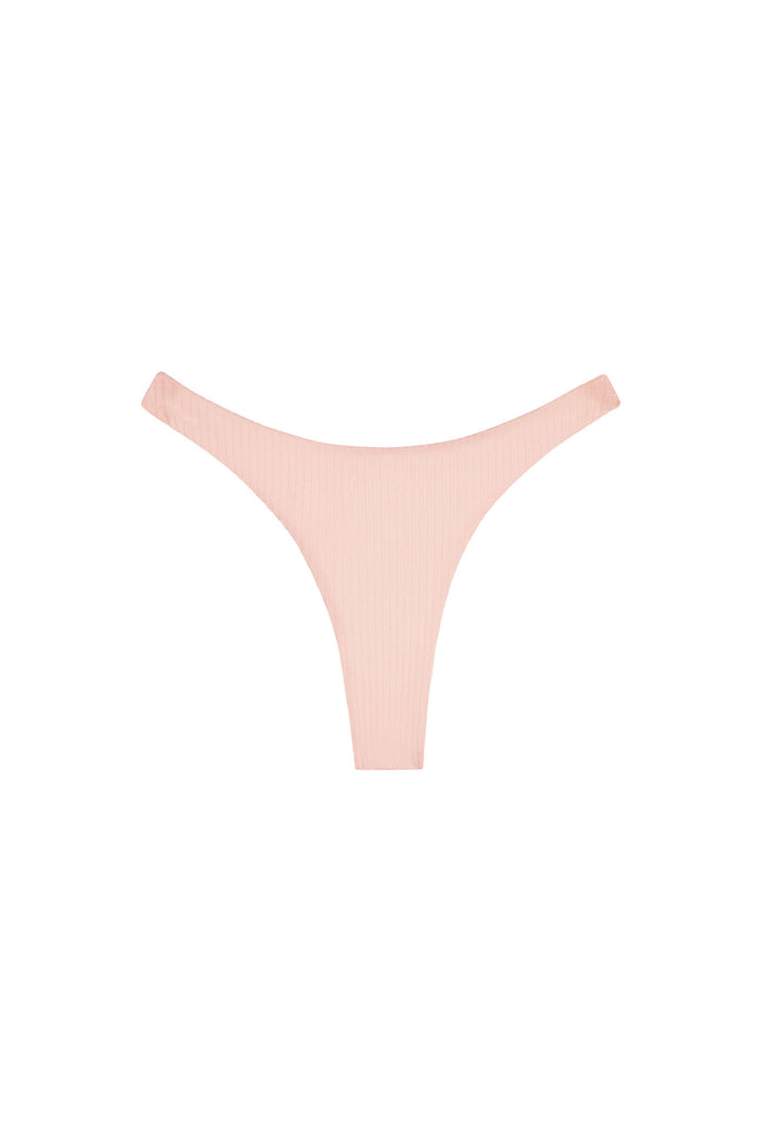 Front flat lay of Tamarama Bottom in Powder Pink Rib showing high-leg cheeky cut and ribbed fabric on white background