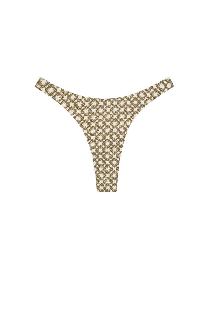 Front view of Tamarama bottom in Tile Geo print showcasing beige and brown geometric tile pattern on white background