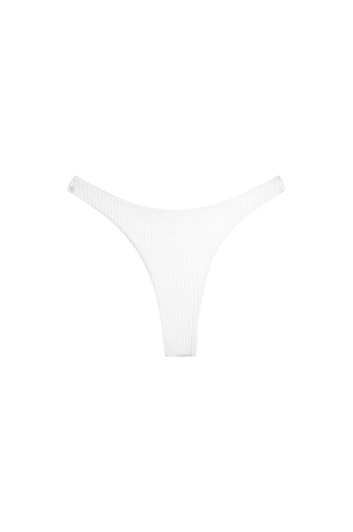 Front view of Tamarama Bottom, Optic White rib; high leg cut, thin sides, mid-rise cheeky coverage on white background