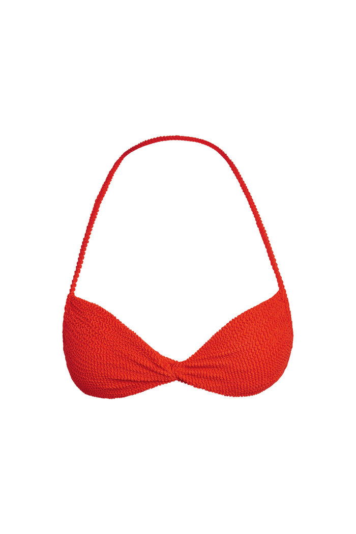 Front view of Tamarama Top in Chili Pepper crinkle showing bandeau-shaped cups with center twist and thin adjustable strap on white background