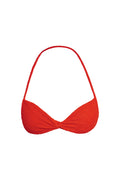 Front view of Tamarama Top in Chili Pepper crinkle showing bandeau-shaped cups with center twist and thin adjustable strap on white background
