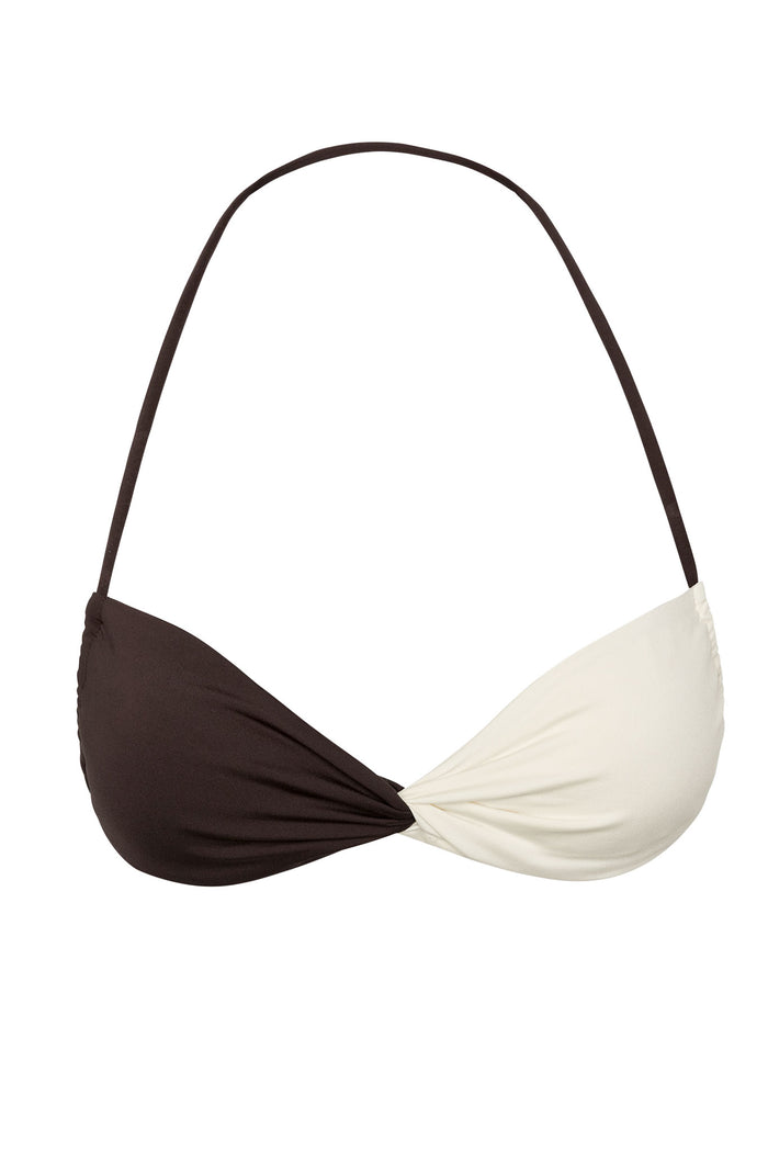 Front view of Tamarama Top in Espresso/Ivory showcasing twisted two-tone cups and thin halter strap on white background