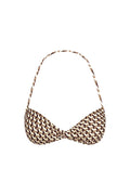 Close-up front view of Tamarama Top in Husk Geo showcasing twisted bandeau cups and thin adjustable halter strap on white background