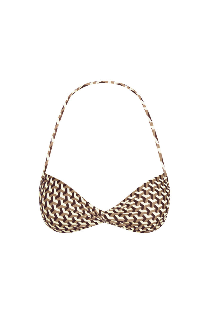 Close-up front view of Tamarama Top in Husk Geo showcasing twisted bandeau cups and thin adjustable halter strap on white background