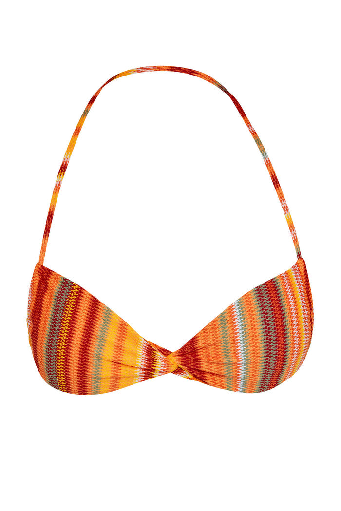 Front flat lay of Tamarama bikini top in Sardinia Stripe showing twisted center and thin halter strap on white background