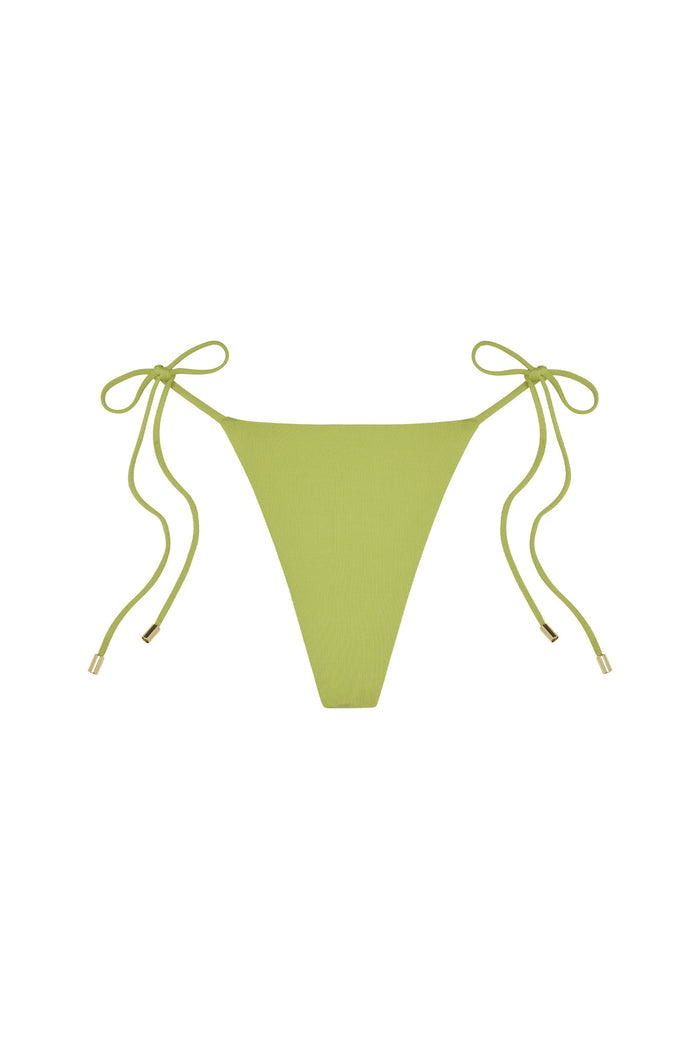 Front view of Taormina tie-side bikini bottom in Apple showing high-cut front and side-tie straps on white background