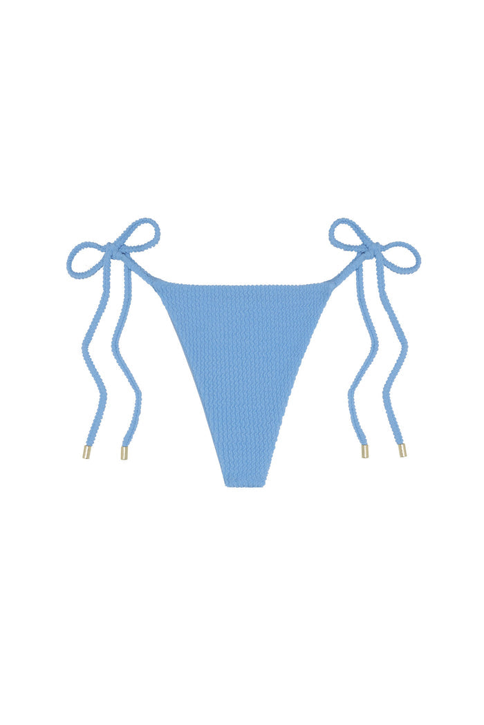Front view of Taormina bottom in azure crinkle with adjustable side ties and gold hardware on white background