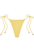Front view of Taormina Bottom in Meyer Stripe showcasing tie side with dainty straps and gold hardware on white background
