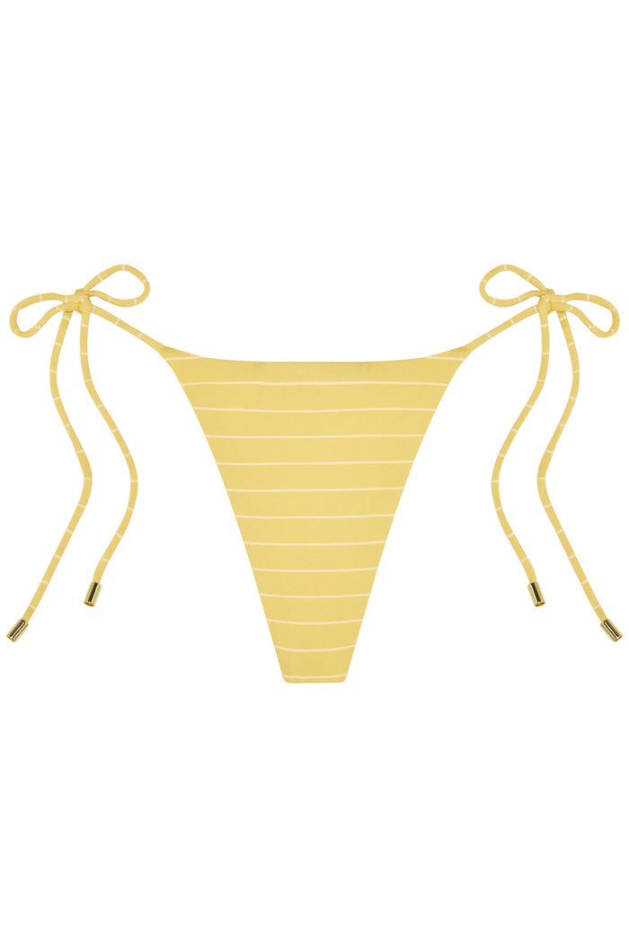 Front view of Taormina Bottom in Meyer Stripe showcasing tie side with dainty straps and gold hardware on white background