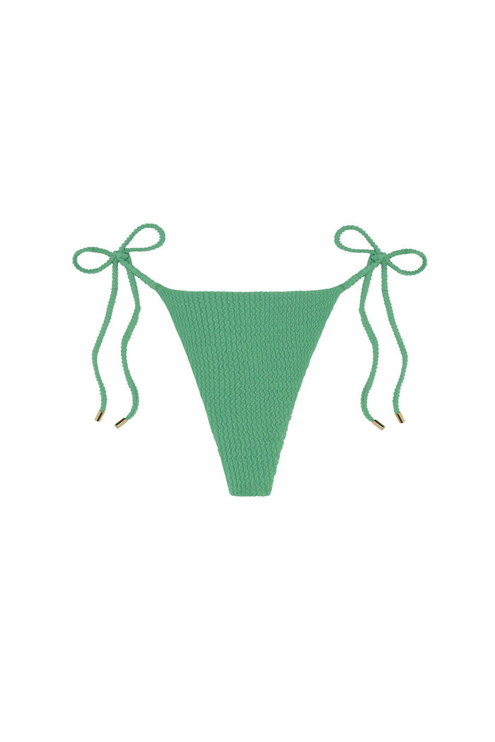 Front view of Taormina bikini bottom in Pond Crinkle showing textured fabric and adjustable side-tie straps on white
