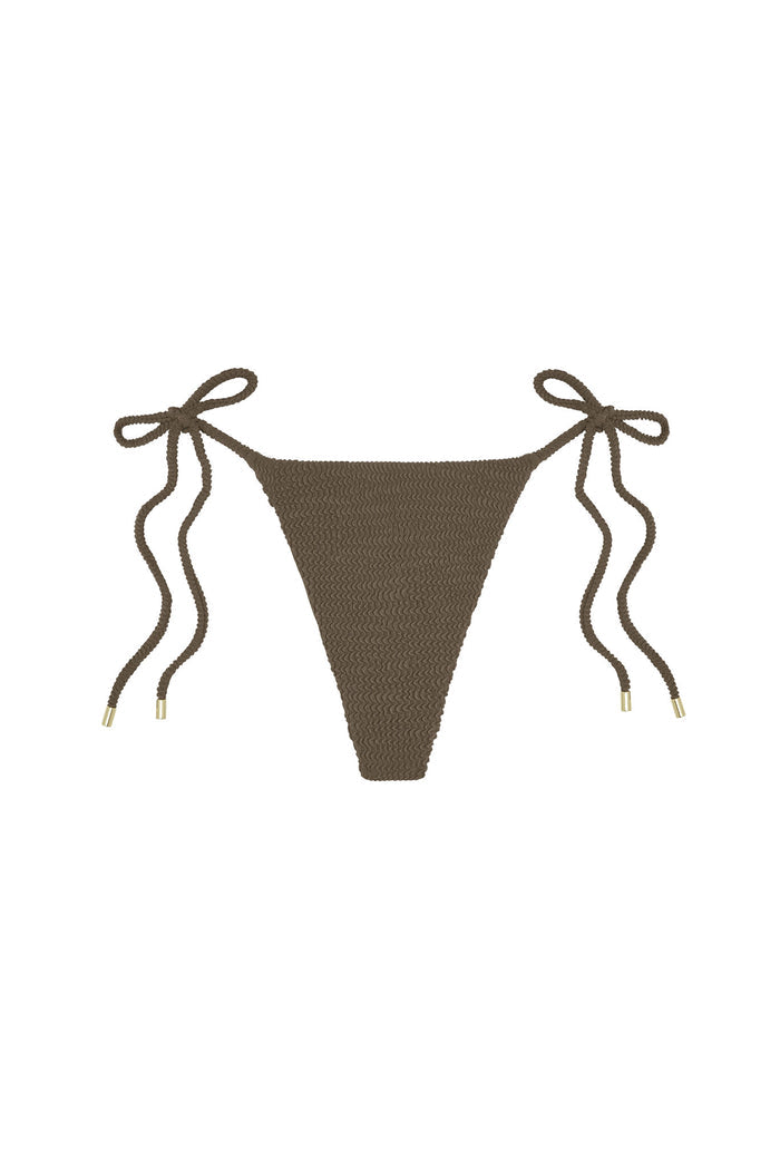 Front view of Taormina Bottom in Stone Crinkle, high-cut with crinkle texture and adjustable side ties on white background