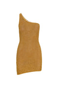 Front of Taormina Dress in antique gold sequin knit with one-shoulder neckline and fitted mini on white background