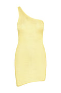 Front view of Taormina Dress Meyer Treble Knit showcasing one-shoulder neckline and asymmetrical mini hem on white background