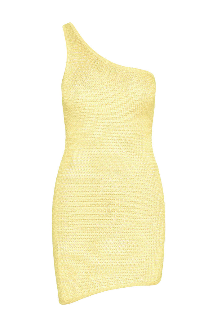 Front view of Taormina Dress Meyer Treble Knit showcasing one-shoulder neckline and asymmetrical mini hem on white background