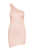 Front view of Taormina dress in powder pink treble knit showcasing one-shoulder neckline and textured knit on white background