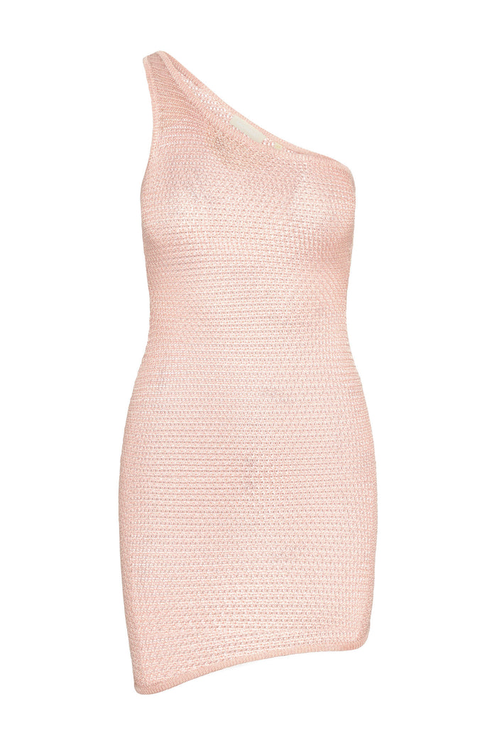 Front view of Taormina dress in powder pink treble knit showcasing one-shoulder neckline and textured knit on white background