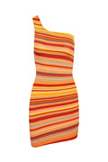 Front view of Taormina dress in Sardinia Stripe with one-shoulder neckline and fitted asymmetrical hem on white background
