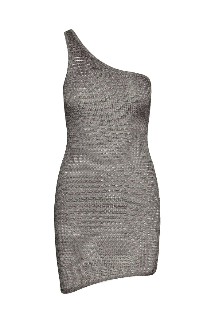 Front view of Taormina Dress in steel treble knit, one-shoulder mini with textured knit on white background